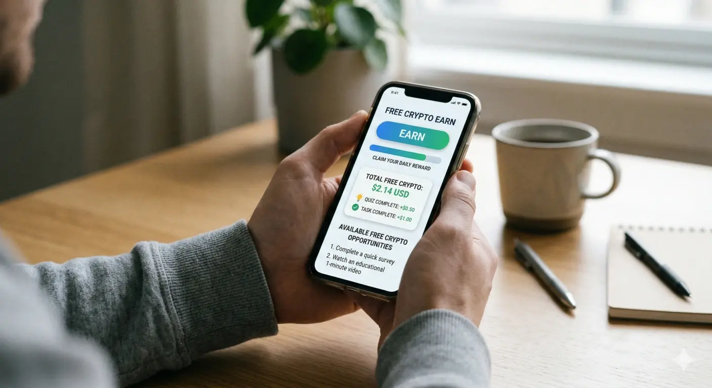 A person holding a smartphone at a desk with an app interface showing Earn Free Crypto rewards