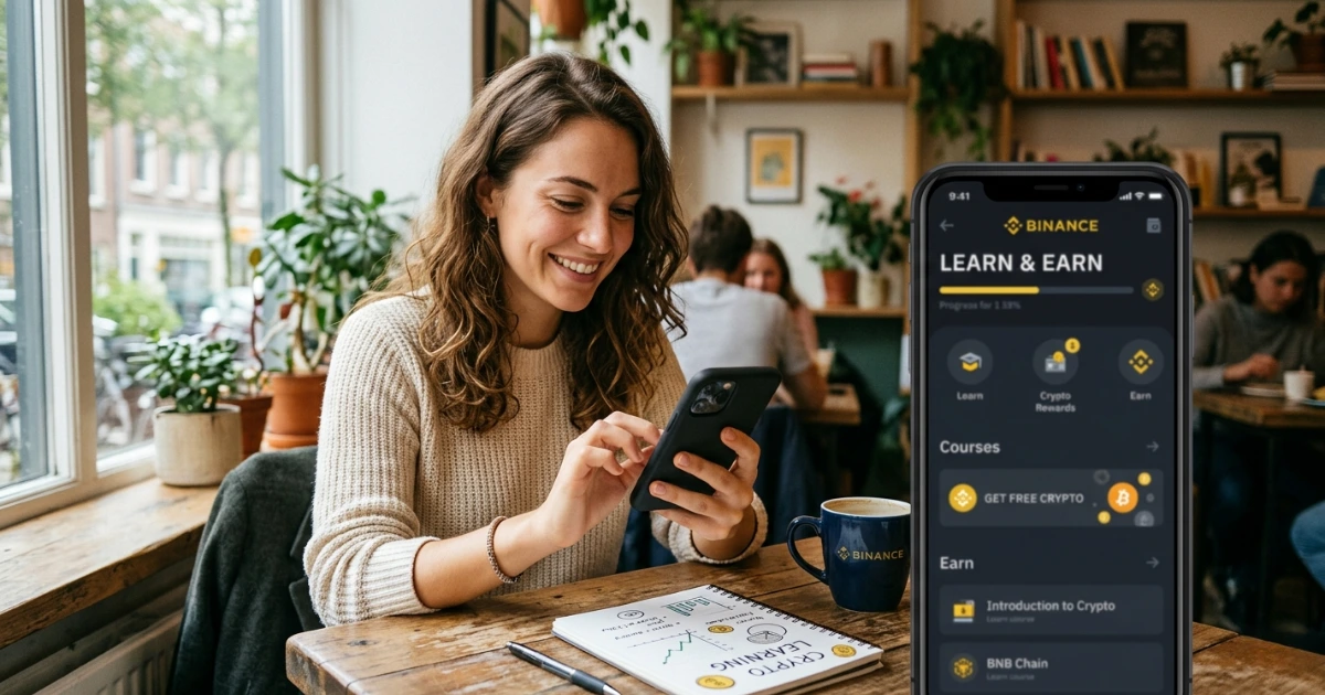 A smiling woman sits in a cozy café, using her smartphone while a screen overlay shows the Binance Learn and Earn app interface.