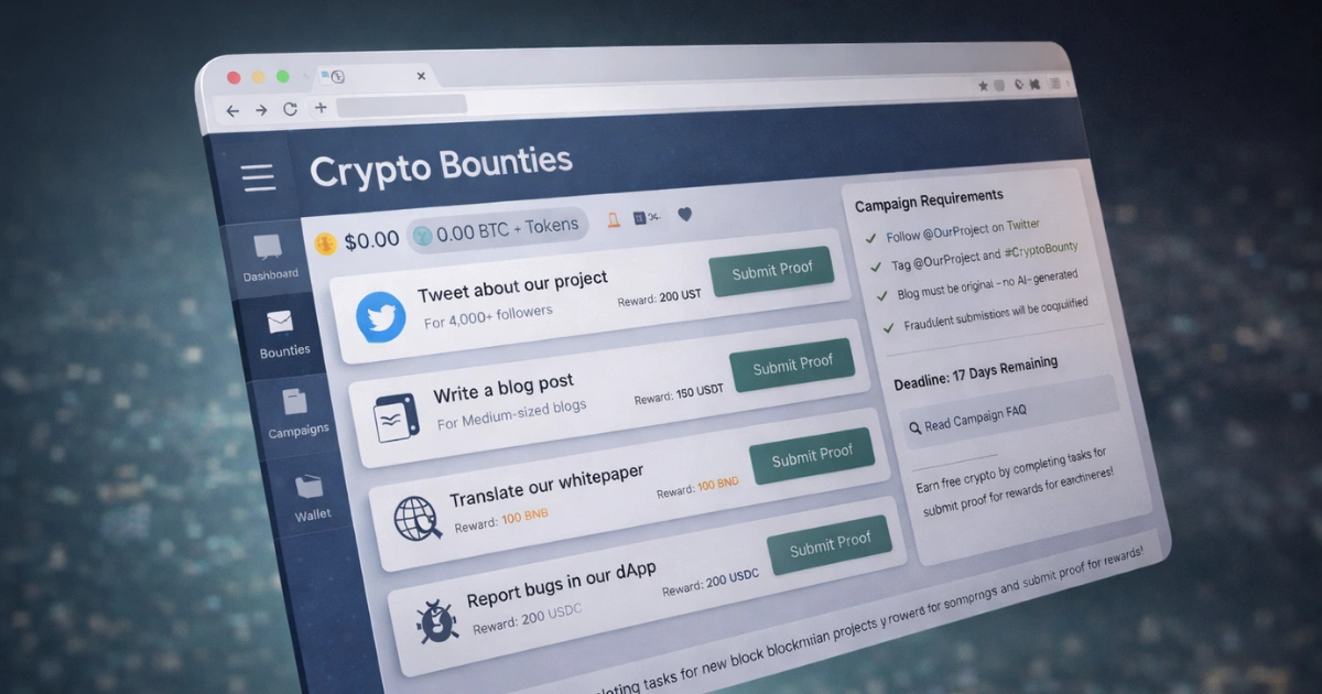 Crypto Bounties in the browser tab, showing different earning options