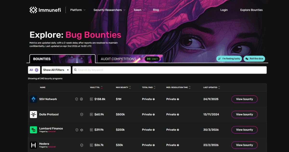 Immunefi List of Crypto Bug Bounties