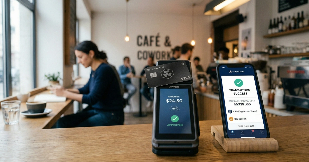 Crypto cashback shown on smartphone after card payment in a café with transaction approved on terminal