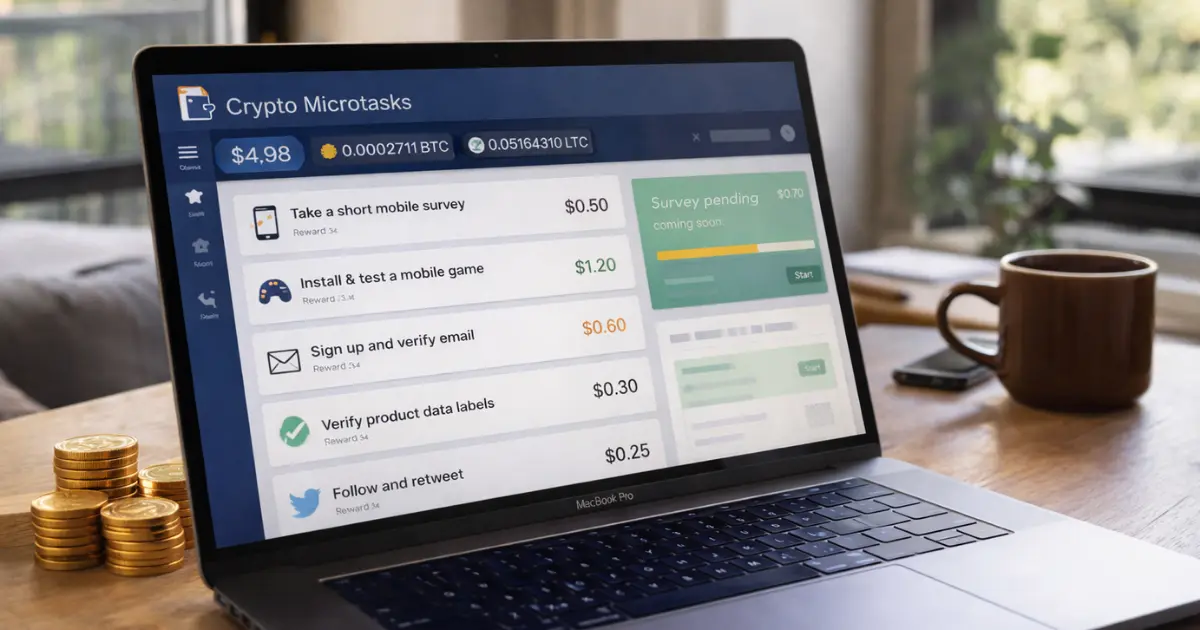 Crypto Microtasks on the laptop showing different options like a survey, sign-up and more