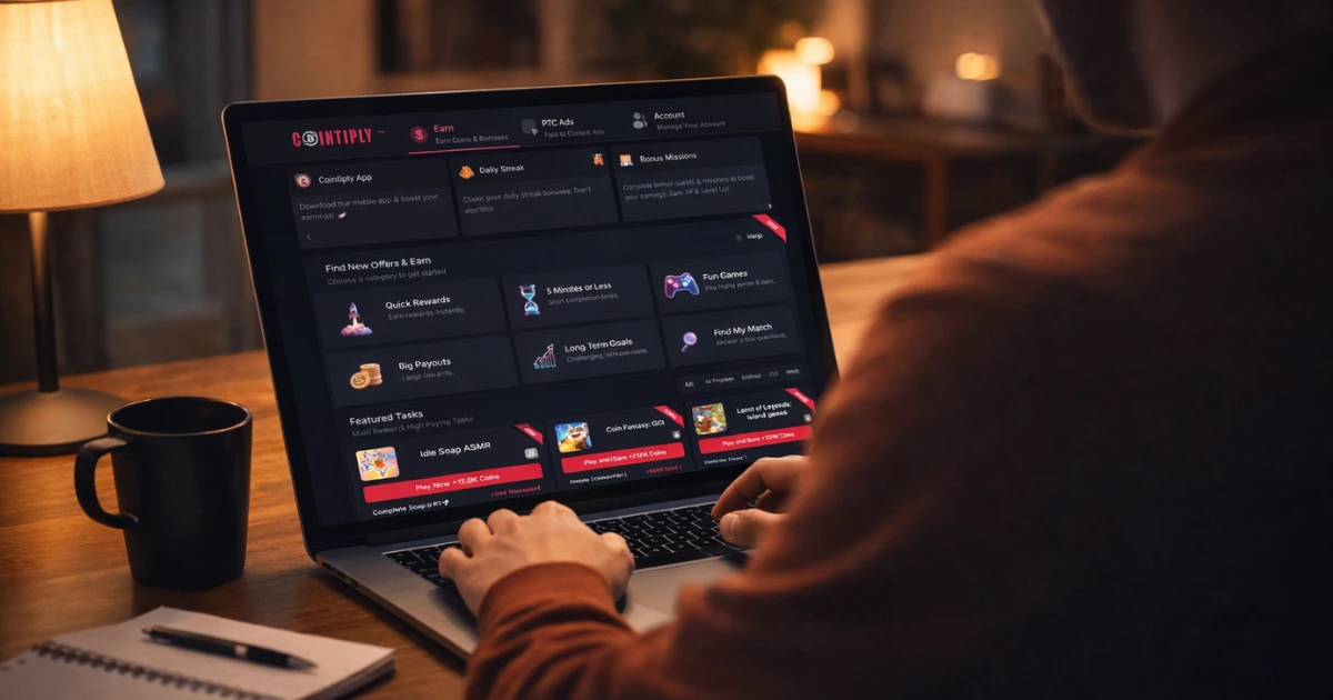 User completing crypto tasks on a laptop to earn free crypto in 2026