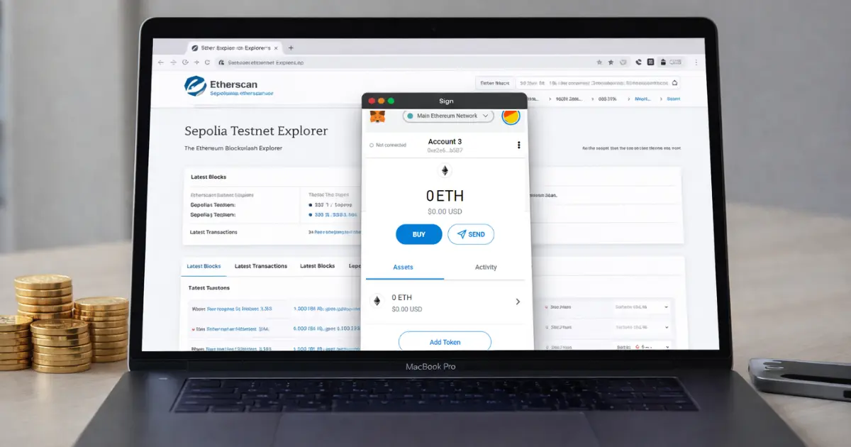 Crypto testnets - Etherscan explorer on the laptop screen together with the metamask wallet opened