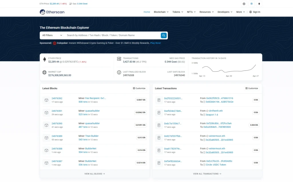 Etherscan platform for checking the transactions and contracts