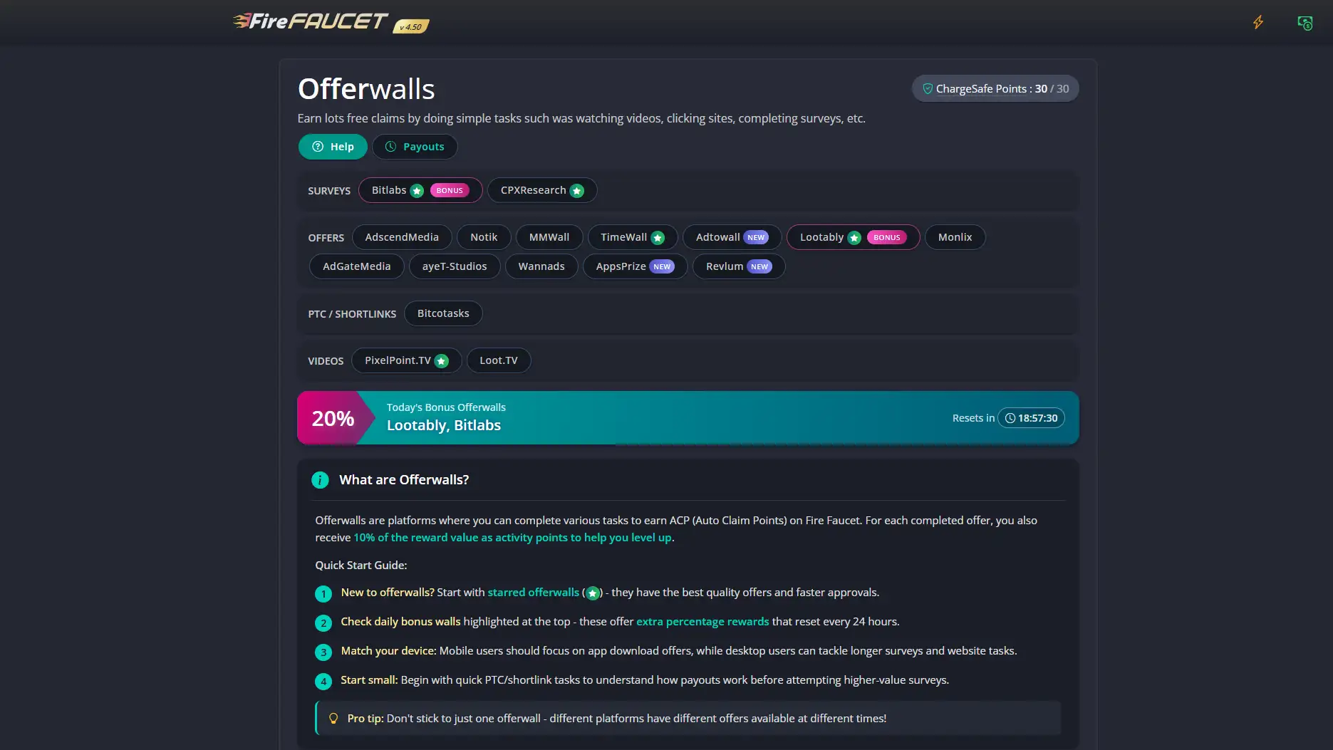 Firefaucet dashboard one of available crypto faucets