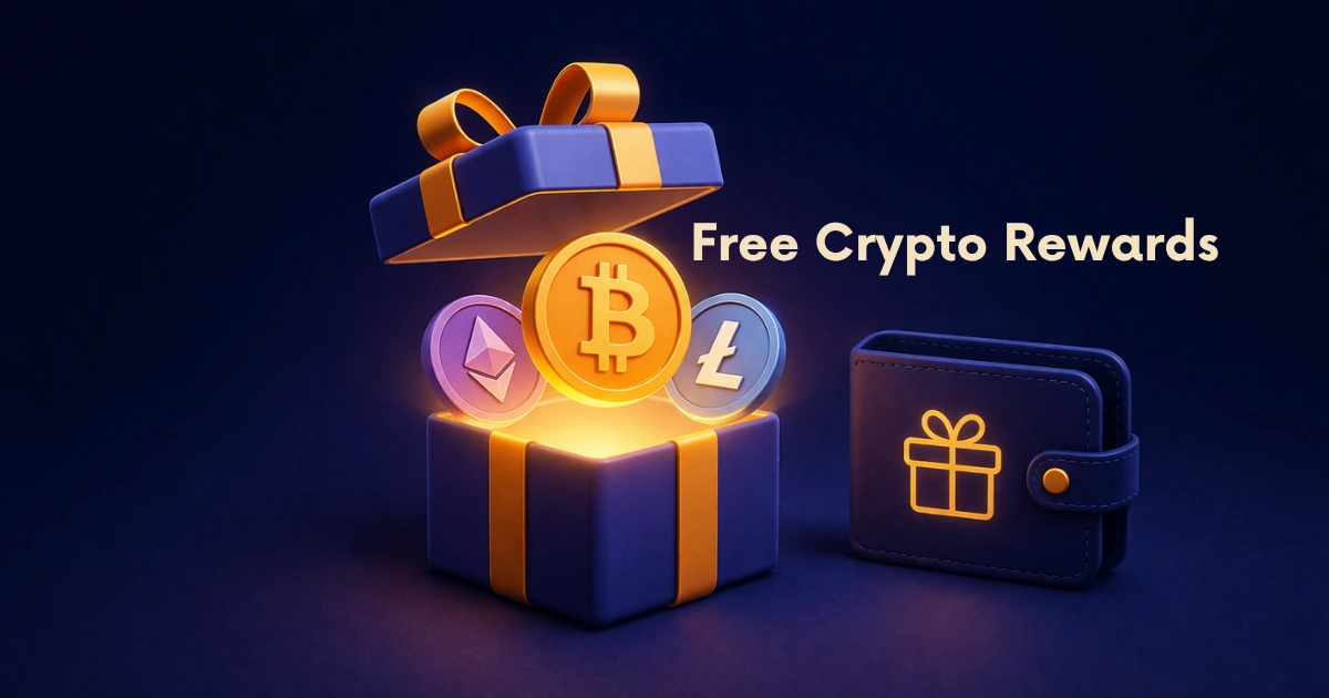 Free Crypto Rewards showing BTC, ETH and LTC coin the the box