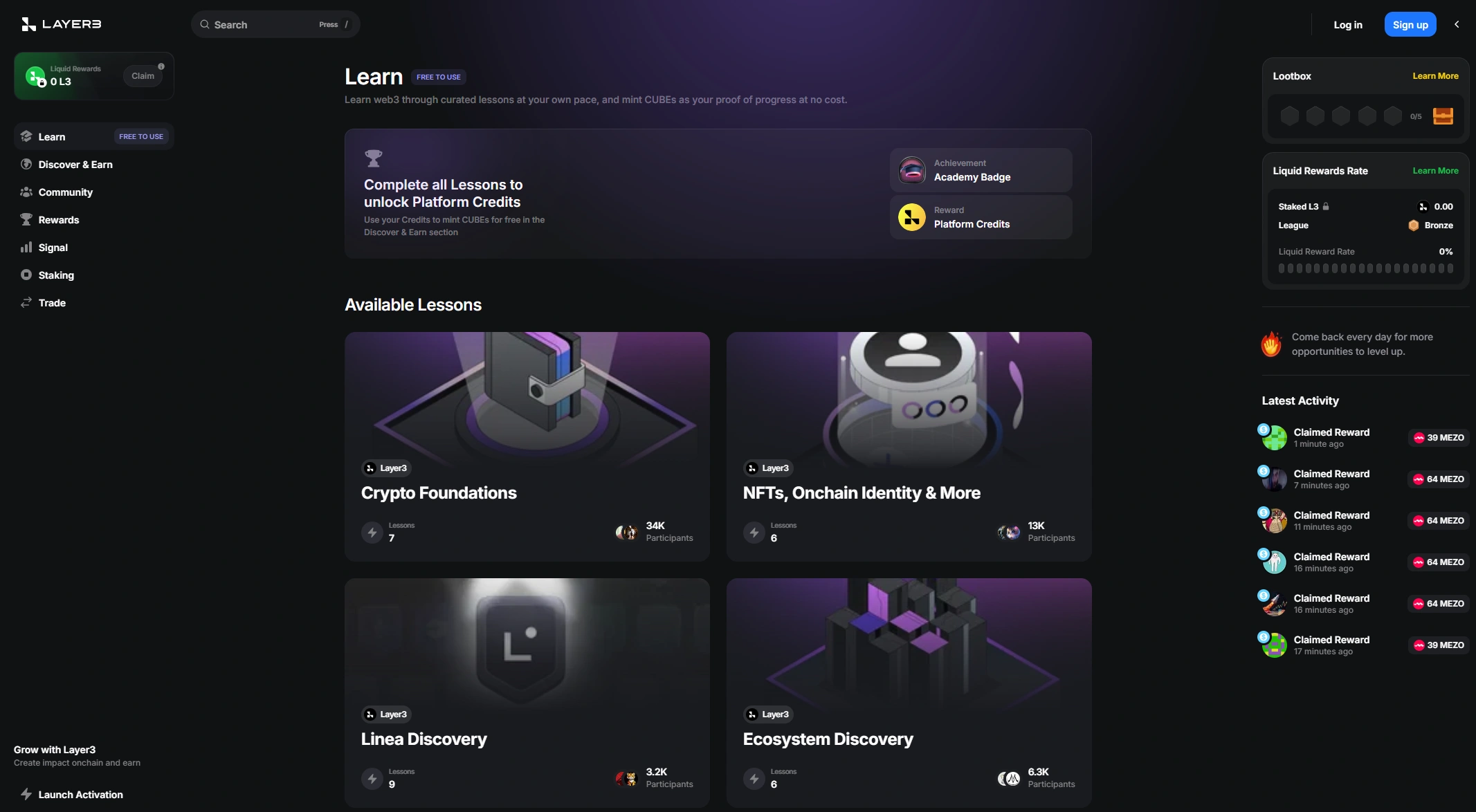 Layer3.xyz learn to earn platform screenshot
