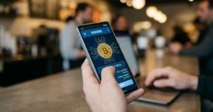 Mobile Crypto Mining - man holding a mobile phone in the coffe shop showing the crypto mining app