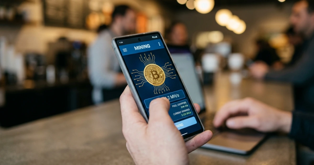 Mobile Crypto Mining - man holding a mobile phone in the coffe shop showing the crypto mining app
