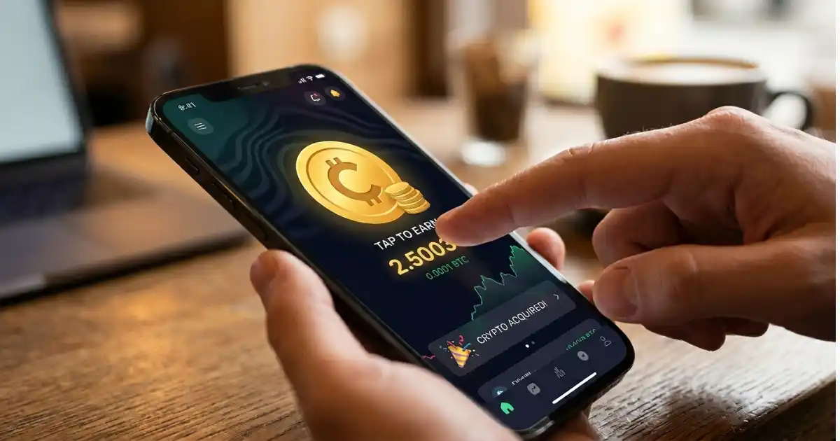 Tap to earn crypto games - mobile phone with the finger tapping on the screen