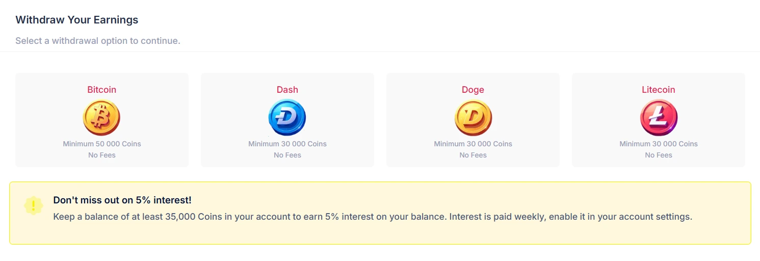 Withdrawal threshold for Cointiply crypto tasks platform