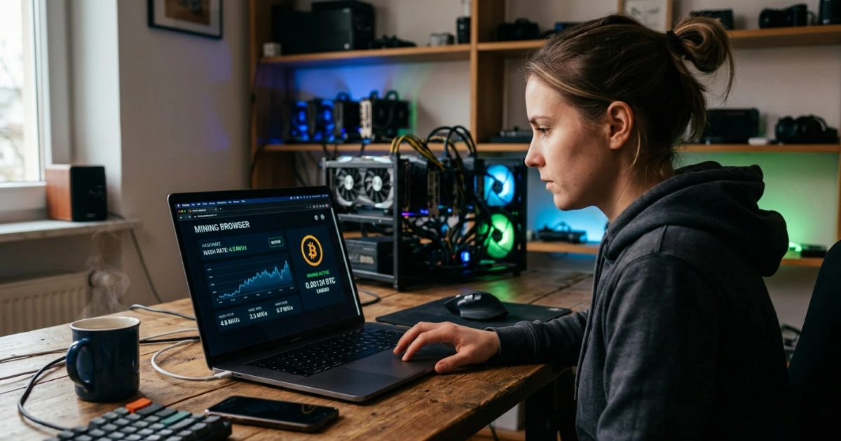 A realistic photo of a person using a laptop that displays a crypto mining browser interface with live hash rate charts and a Bitcoin balance. In the background, a desk setup with subtle LED lighting and hardware components is visible.