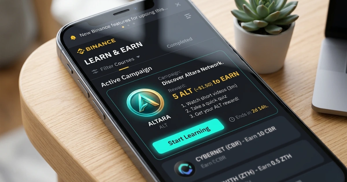 A realistic mockup of a smartphone resting on a wooden table, displaying the Binance Learn and Earn portal