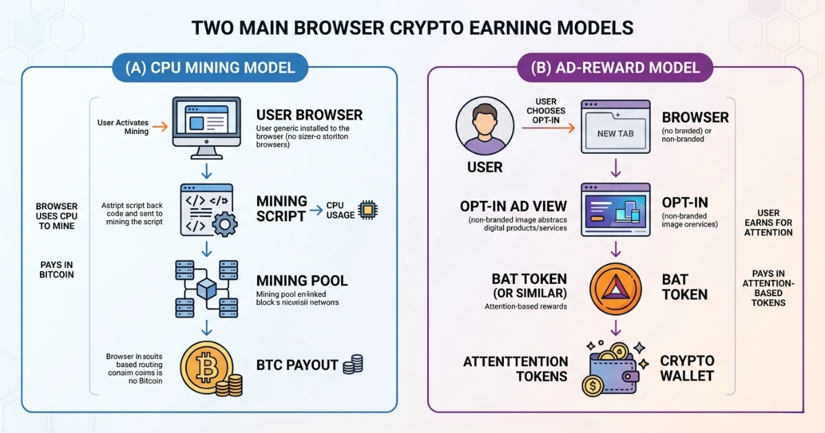 A clean infographic comparing two browser crypto earning models. On the left, Model A (CPU Mining Model) shows a workflow from user browser to mining script, mining pool, and BTC payout. On the right, Model B (Ad-Reward Model) illustrates the user opting in to ad views, receiving BAT tokens, and storing them in a crypto wallet.