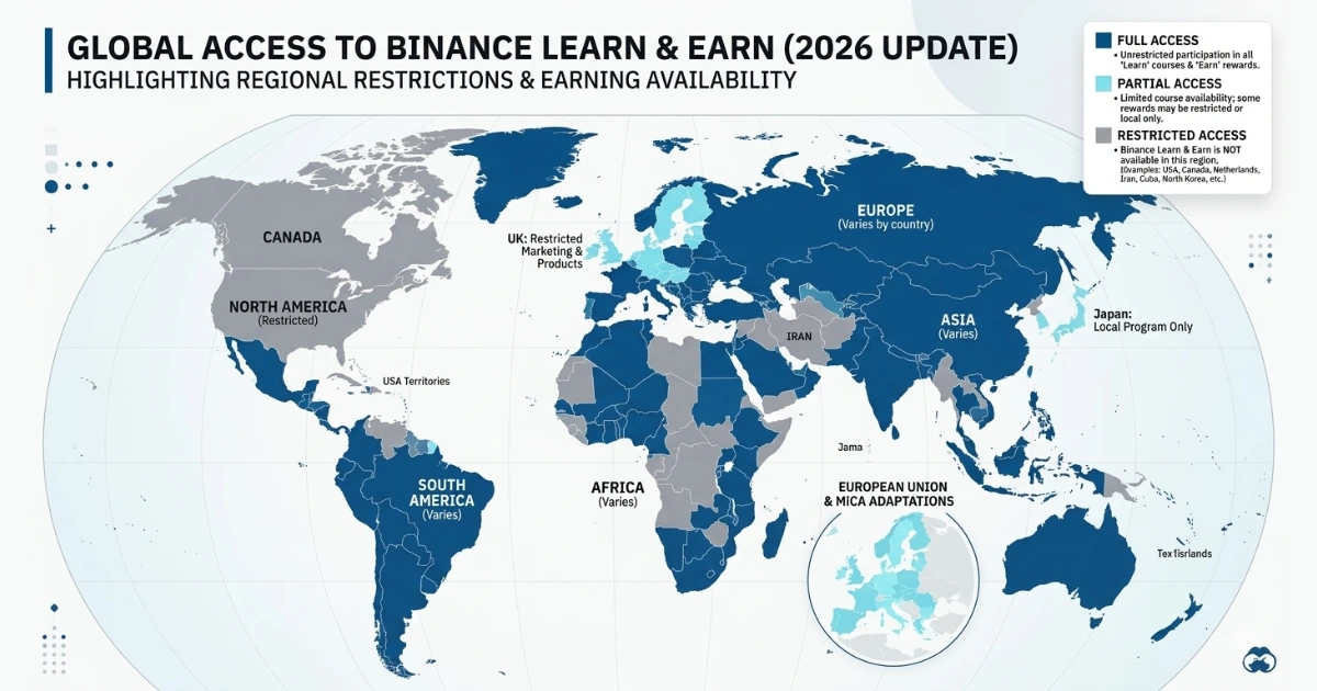 An infographic world map titled 'GLOBAL ACCESS TO BINANCE LEARN & EARN (2026 UPDATE)'. It uses blue for full access, cyan for partial access, and grey for restricted access.