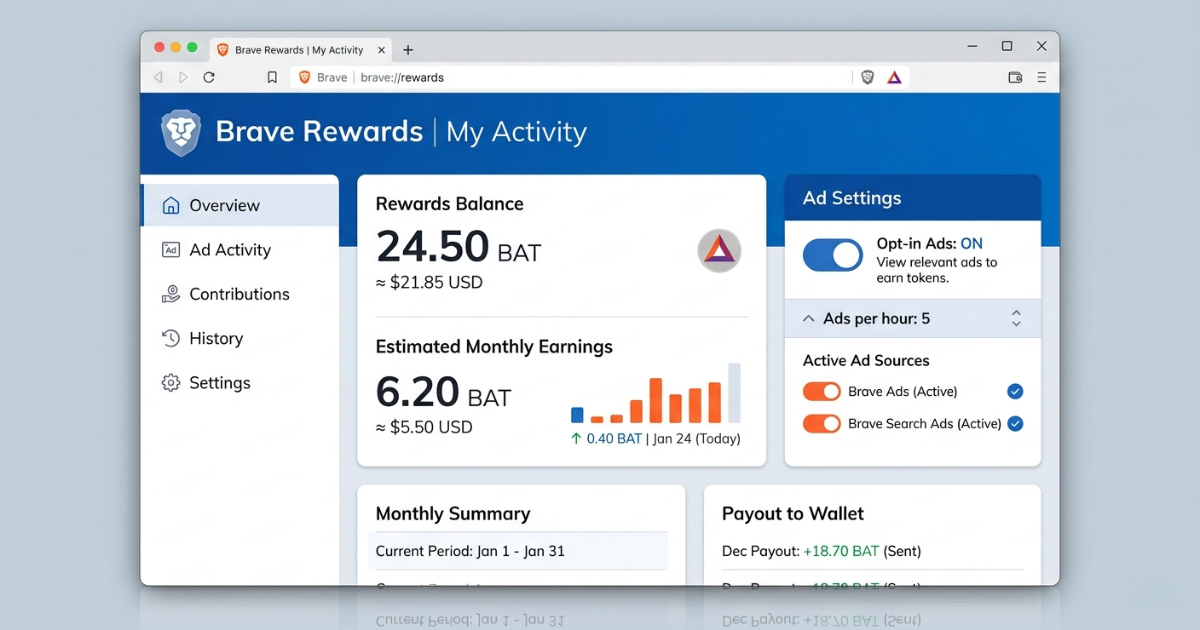 A representative mockup of the Brave Rewards dashboard, widely considered as one of the best crypto mining browsers, displaying a BAT token balance, earnings charts, and toggles for opt-in advertising. The clean interface highlights how users can track their crypto rewards and manage privacy settings in real-time.