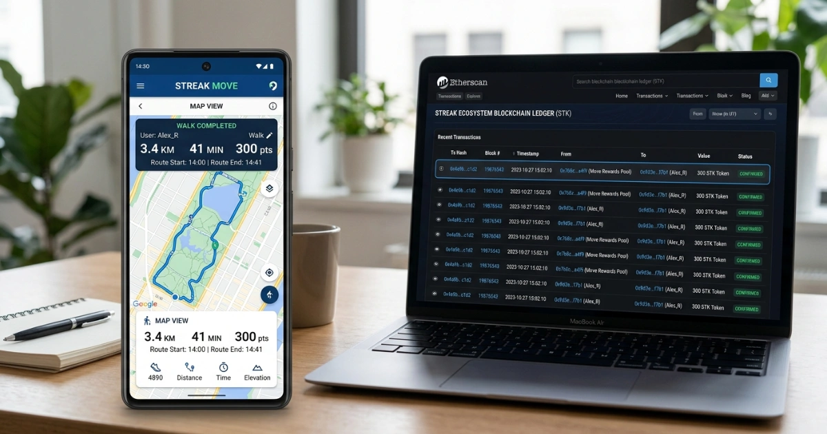 Comparison of a smartphone GPS tracking screen and a blockchain transaction ledger