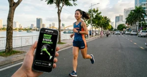 StepN Crypto app - woman running in the city while using StepN mobile App