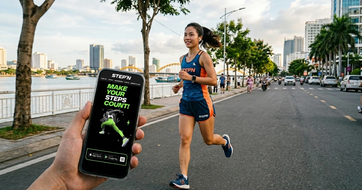StepN Crypto app - woman running in the city while using StepN mobile App