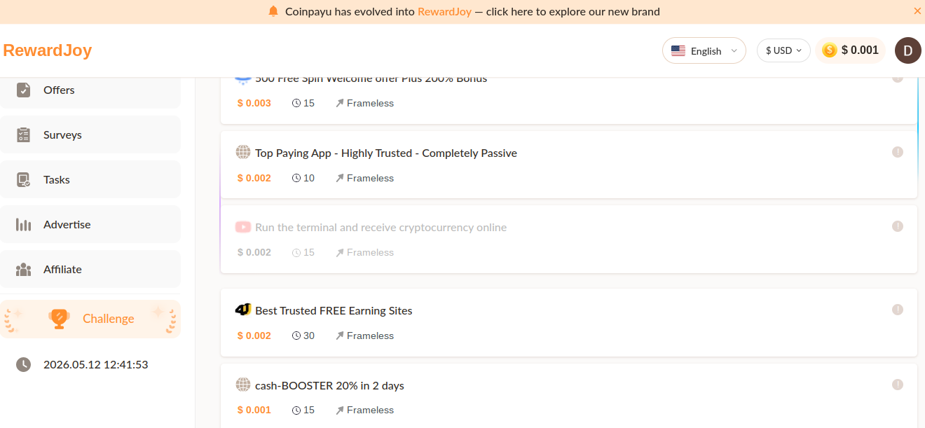 RewardJoy browsing Ads section