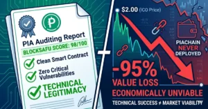 A split-screen featured image illustrating the Piacoin case study. The left side shows a clean "PIA crypto audit Report" with a 98/100 BlockSAFU score, green checkmarks, and the words "TECHNICAL LEGITIMACY."