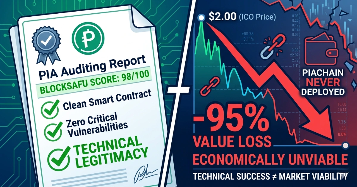 A split-screen featured image illustrating the Piacoin case study. The left side shows a clean "PIA crypto audit Report" with a 98/100 BlockSAFU score, green checkmarks, and the words "TECHNICAL LEGITIMACY."