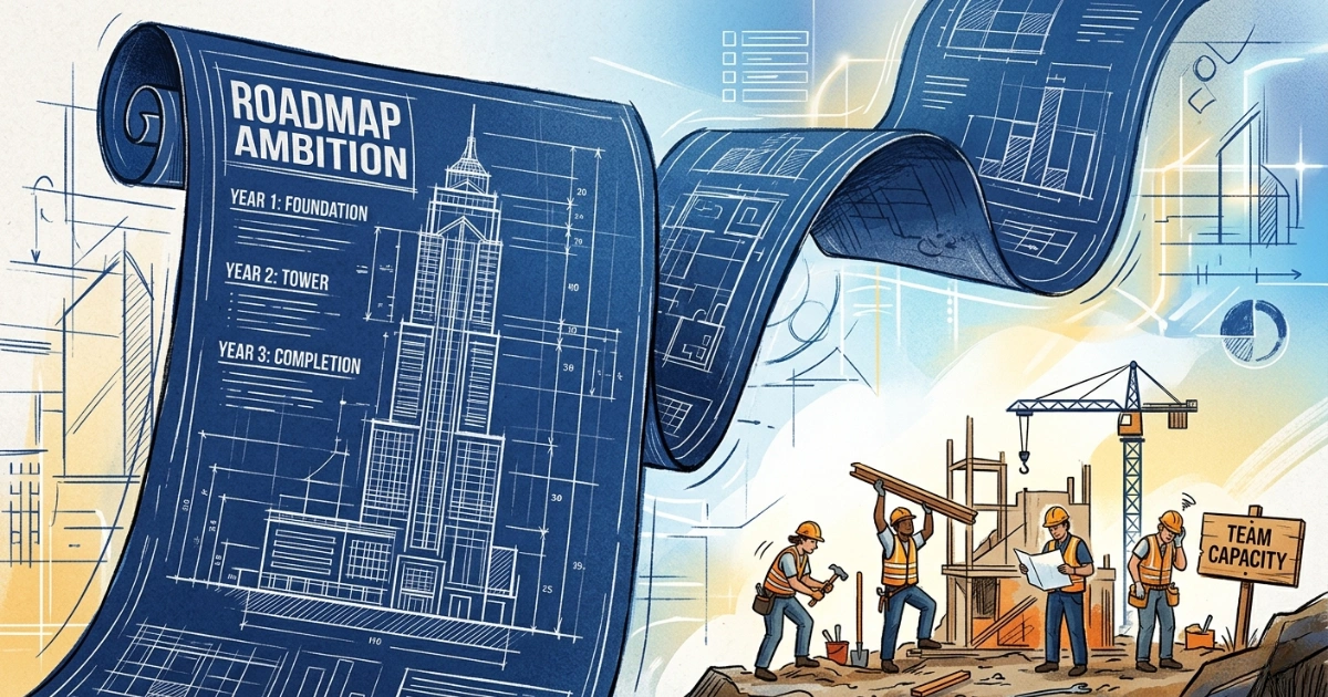 An abstract, stylized illustration depicting the mismatch between project ambition and resources. On the left, a massive, winding blue blueprint titled "ROADMAP AMBITION" looms large, detailing a complex multi-year skyscraper project.