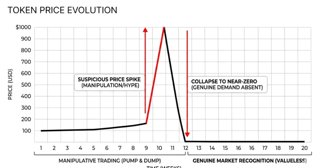 A minimalistic line chart titled "Token Price Evolution" showing a sudden, artificial price spike from $150 to $1,000 due to manipulation, followed by a swift collapse back to near-zero where it stays flat, illustrating the absence of genuine market demand.